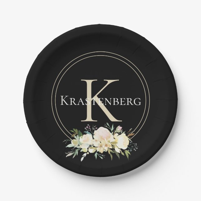Black Custom Name Monogram White Roses Paper Plate (Front)