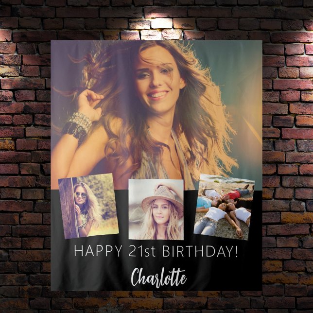 Black custom photo collage birthday party tapestry (Creator Uploaded)