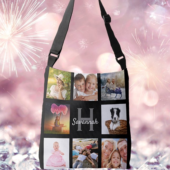 Black custom photo collage monogram name crossbody bag (Creator Uploaded)
