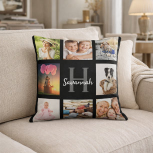 Black custom photo collage monogram name cushion