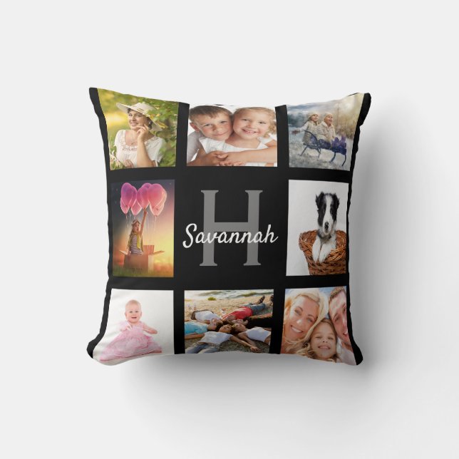 Black custom photo collage monogram name cushion (Front)
