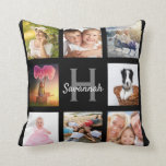 Black custom photo collage monogram name cushion<br><div class="desc">A unique gift for a birthday, Christmas, mother's day, celebrating her life with a collage of 8 of your own photos, pictures. Personalise and add her name and monogram letter. A stylish black background. The name is written with a modern hand lettered style script. Can also be used great treat...</div>