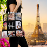 Black custom photo collage monogram name tote bag<br><div class="desc">A unique gift for a birthday, Christmas, mother's day, celebrating her life with a collage of 8 of your own photos, pictures. Personalise and add her name and monogram letter. A stylish black background. The name is written with a modern hand lettered style script. Can also be used great treat...</div>