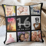 Black custom photo collage Sweet 16 Cushion<br><div class="desc">A unique gift for a girl's Sweet 16, 16th birthday, celebrating her life with a collage of 8 of your own photos, pictures. Personalise and add her name, age 16 and a date. A chic black background. Grey and white letters and numbers. The name is written with a modern hand...</div>