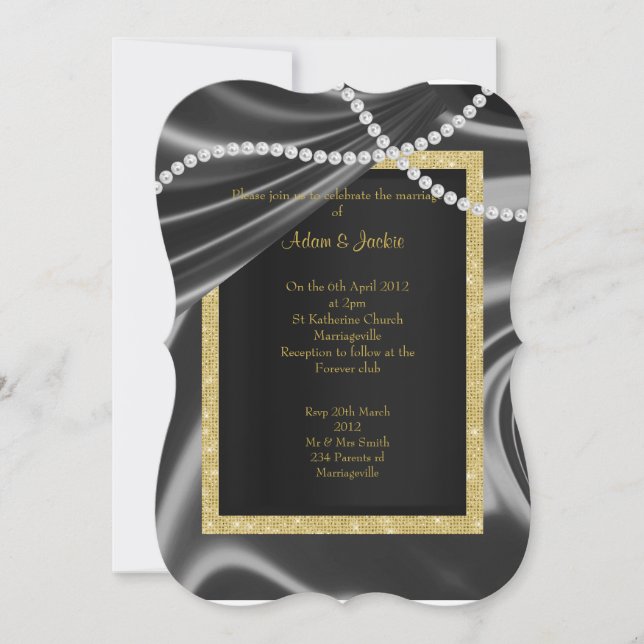 BLACK CUSTOM SATIN, DIAMOND ELEGANT CLASSY WEDDING INVITATION (Front)