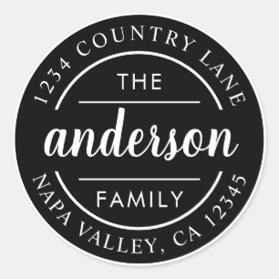 Black Custom Script Family Name Return Address Classic Round Sticker