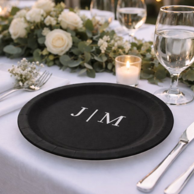 Black Customisable Monogram Wedding Paper Plates (Creator Uploaded)