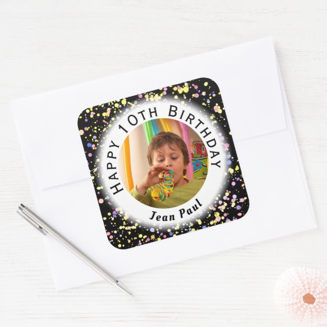 Black Customisable Watercolor Confetti Birthday Square Sticker (Envelope)