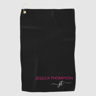 Black Customised Hot Pink Modern Monogram Name Golf Towel