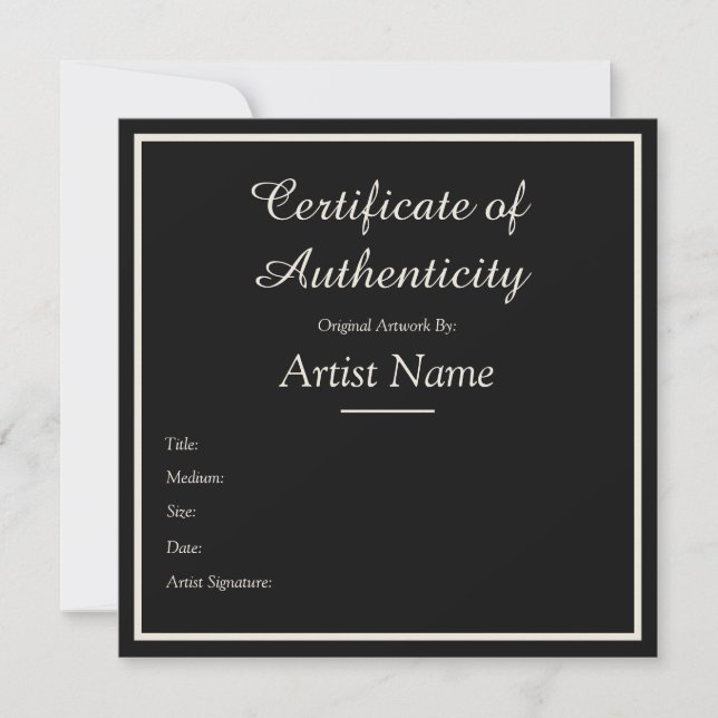Black Customizable Certificate of Authenticity Card (Front)