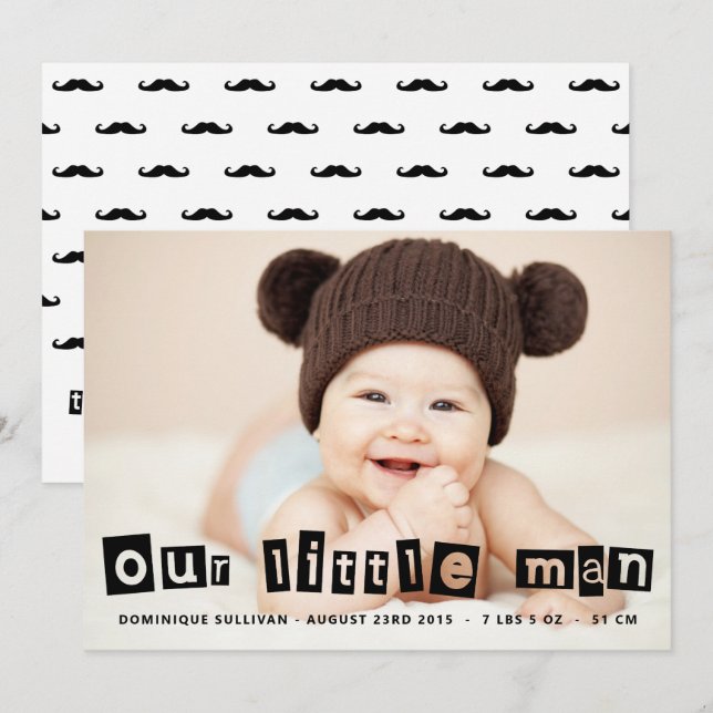 Black Cut-out Typography Baby Boy Photo Birth Announcement (Front/Back)