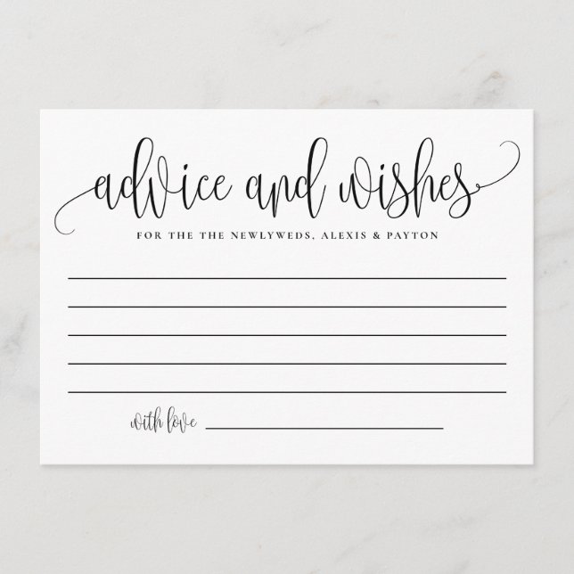 Black Cute Calligraphy Wedding Well Wishes Advice Card (Front)