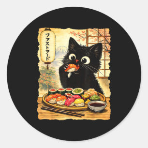 Black cute cat eating sushi kawaii japanese food classic round sticker
