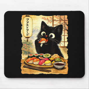 Black cute cat eating sushi kawaii japanese food mouse pad