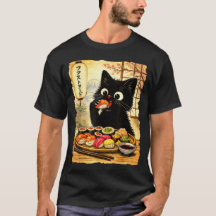 Black cute cat eating sushi kawaii japanese food T-Shirt