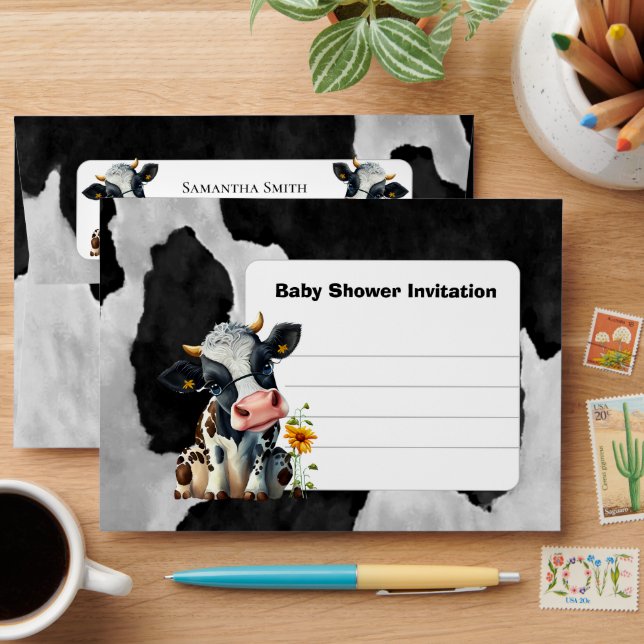 Black Cute Cow Baby Shower Invitation  Envelope (Desk)