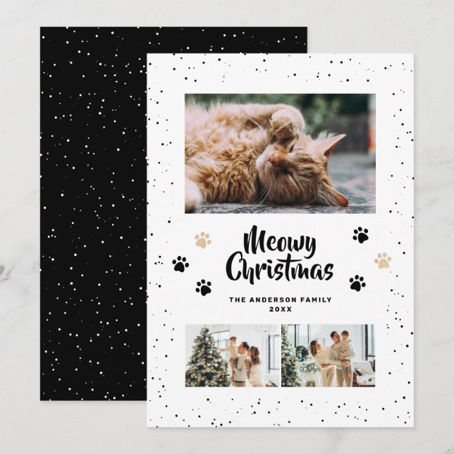 Black Cute Meowy Christmas Snow Photo Holiday Card (Front/Back)