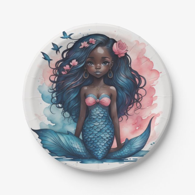black cute mermaid paper plate (Front)