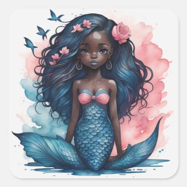 black cute mermaid square sticker (Front)