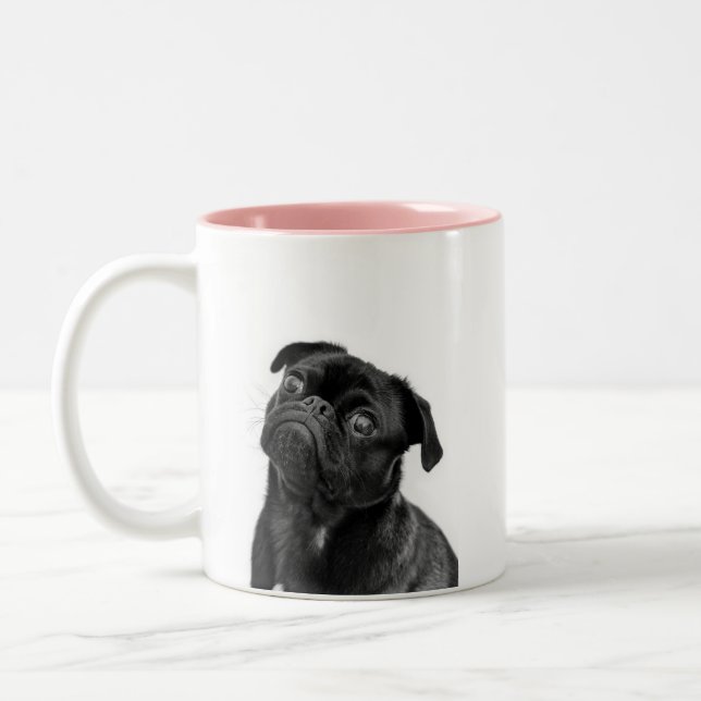 Black Cute Pug Pink Two-Tone Mug (Left)