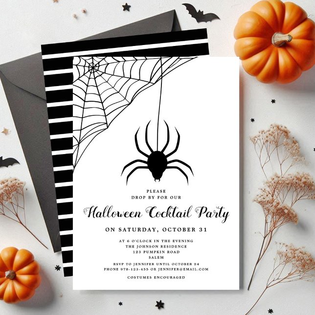 Black Cute Spider Halloween Cocktail Party Invitation (Black Cute Spider Halloween Cocktail Party Invitation)