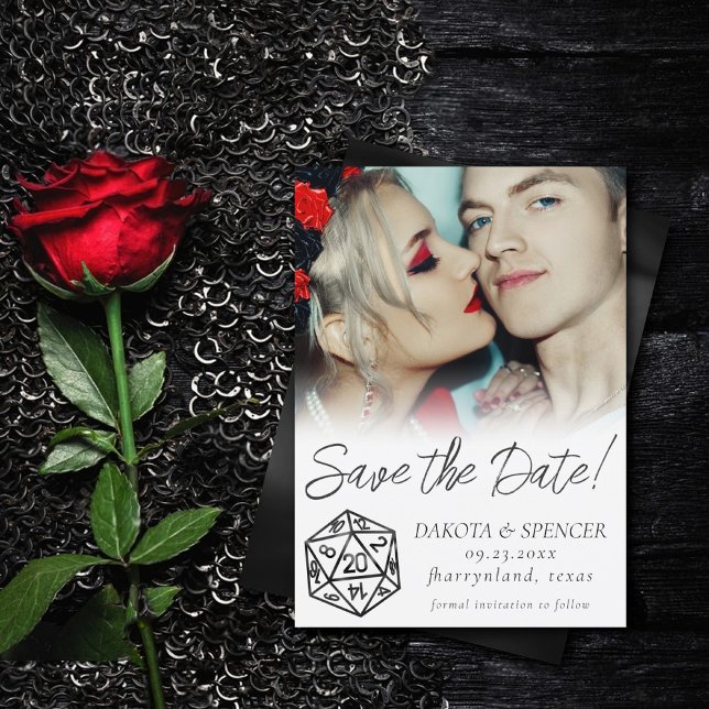 Black D20 Crit | RPG Tabletop Fantasy Dice Photo Save The Date (Creator Uploaded)