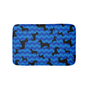 Black dachshund blue chevrons bath mat