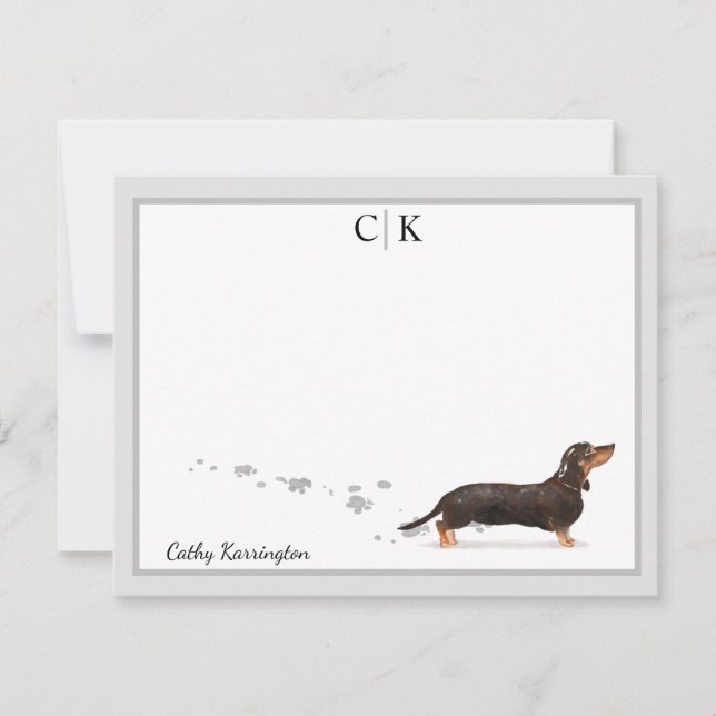 Black Dachshund Grey Border Monogram Your Name Card (Front)