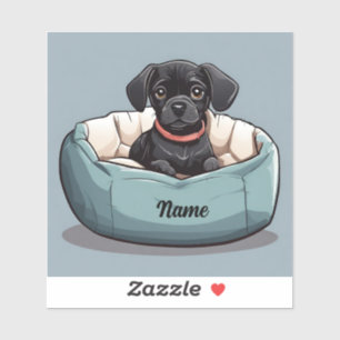 Black Dachshund Sitting in Dog Bed Customise Name