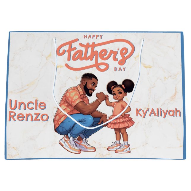Black Dad and Daughter Fist Bump Orange & Blue Large Gift Bag (Front)