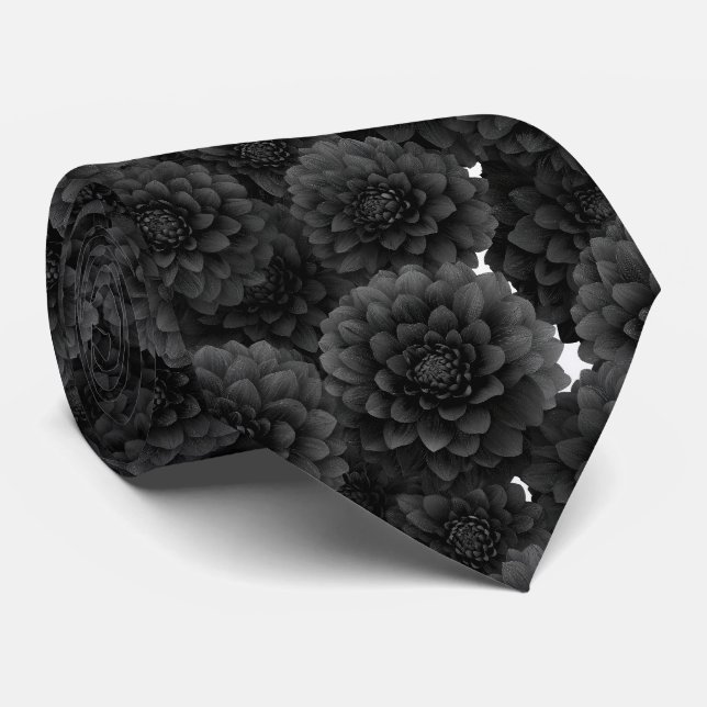 Black Dahlia Floral Pattern Tie (Rolled)