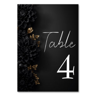 Black Dahlia Flowers & Gold Leaves Moody Floral Table Number