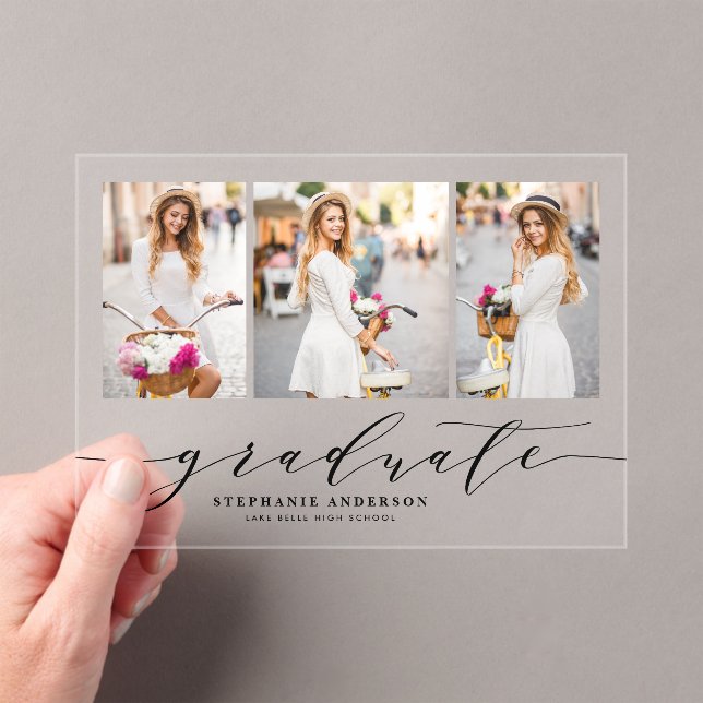 Black Dainty Script Three Photo Graduation Acrylic Invitations (Insitu (Handheld))