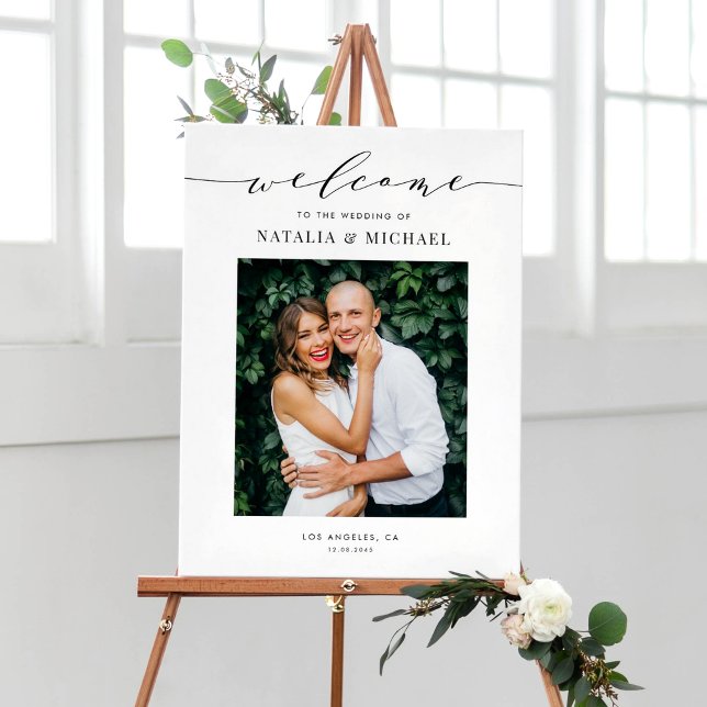 Black Dainty Script Wedding Photo Design Poster (Elegant photo wedding welcome sign with black calligraphy and minimalist script.)