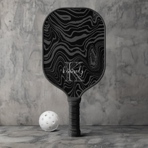 Black Damascus Steel Pattern Custom Monogram Name Pickleball Paddle