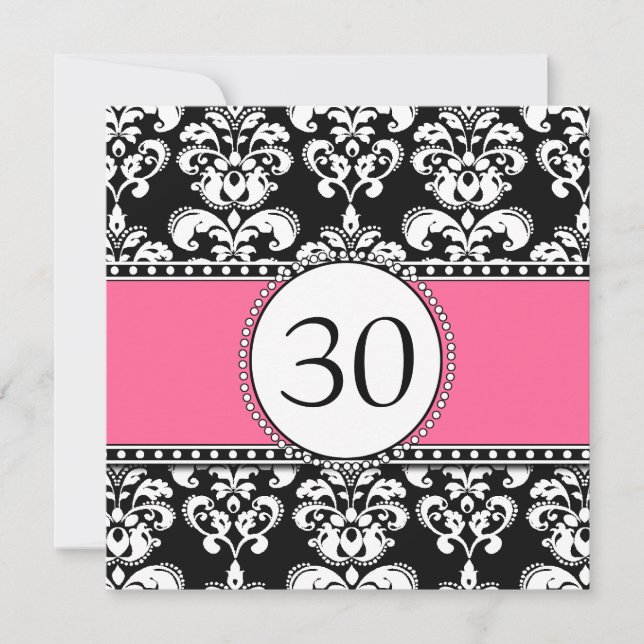 Black Damask 30th Birthday Invitations Pink (Front)
