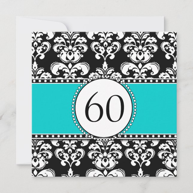 Black Damask 60th Birthday Invitation | Teal Blue (Front)