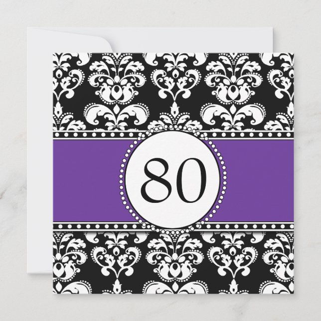 Black Damask 80th Birthday Invitations Purple (Front)