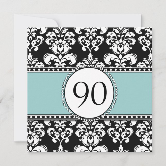 Black Damask 90th Birthday Invitations Blue (Front)