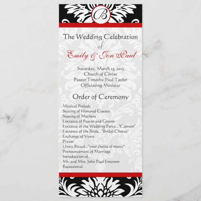 Black Damask 9x4 Red Trim Wedding Program Programme (Front)