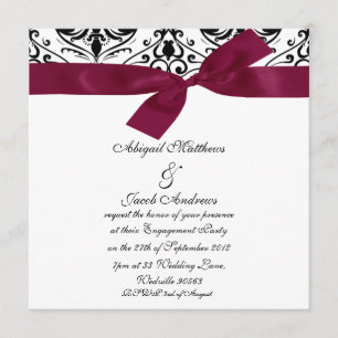 Black Damask And Burgundy Ribbon Engagement Invite