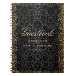 Black Damask and Gold Confetti Glitter - Guestbook Spiral Notebook