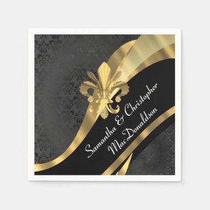 Black damask and gold fleur de lys napkin