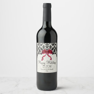 Black Damask and Red Bow, Holiday Wine Label
