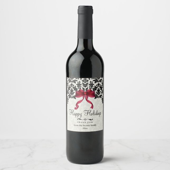 Black Damask and Red Bow, Holiday Wine Label (Front)