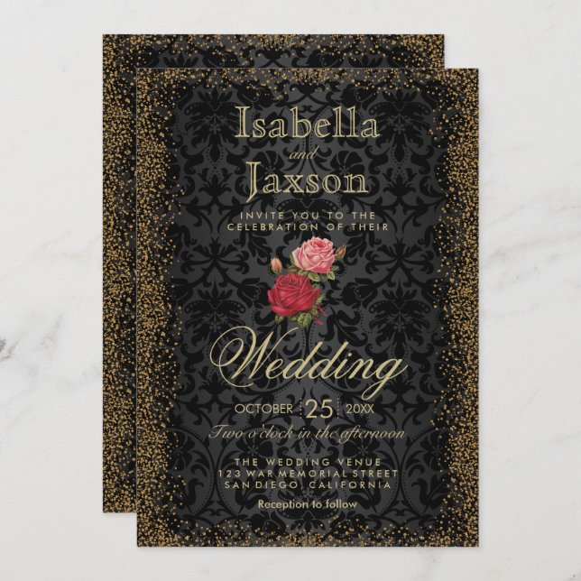 Black Damask and Roses Invitation (Front/Back)