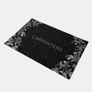 Black Damask And Silver Floral Lace Doormat