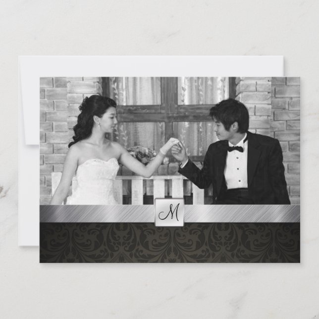 Black Damask and Silver Modern Wedding Invites (Front)