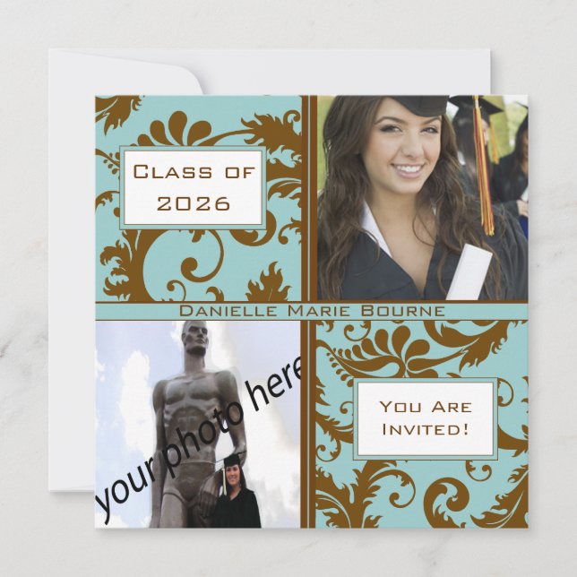 Black Damask Aqua Blue Graduation Invitation (Front)