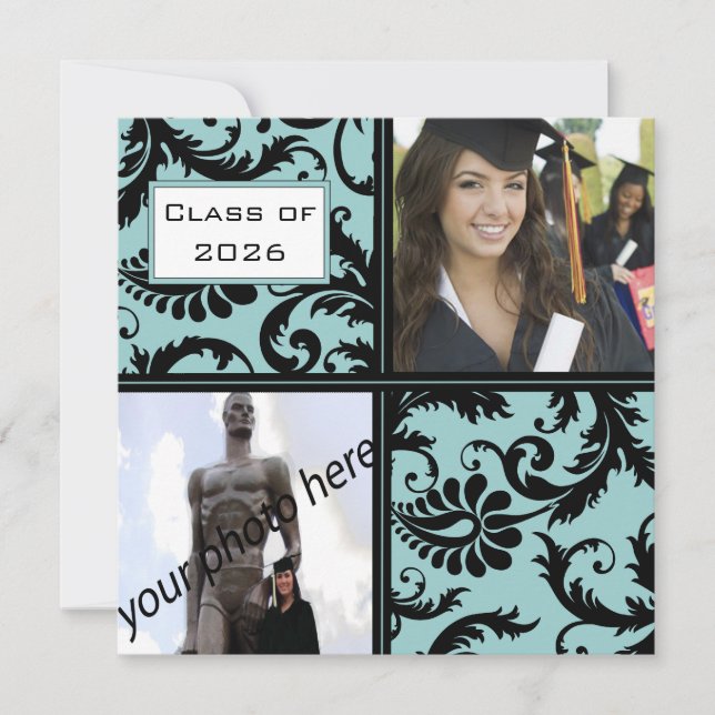 Black Damask Aqua Blue Graduation Invitation (Front)